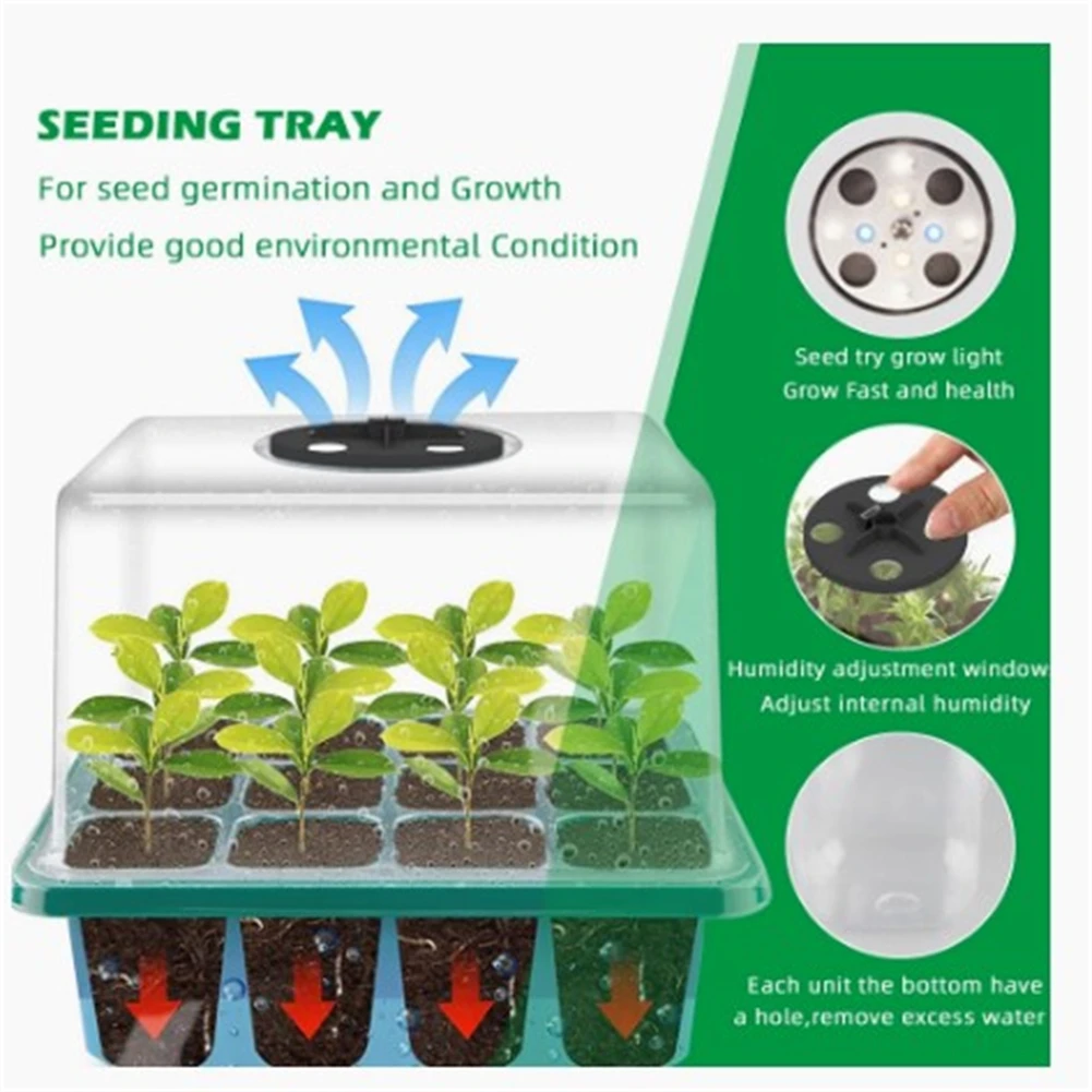 5pcs Seedling Tray With LED Grow Lights Plant Seed Starter Tray Kit Greenhouse Growing Trays With Holes 12 Cell Per Tra