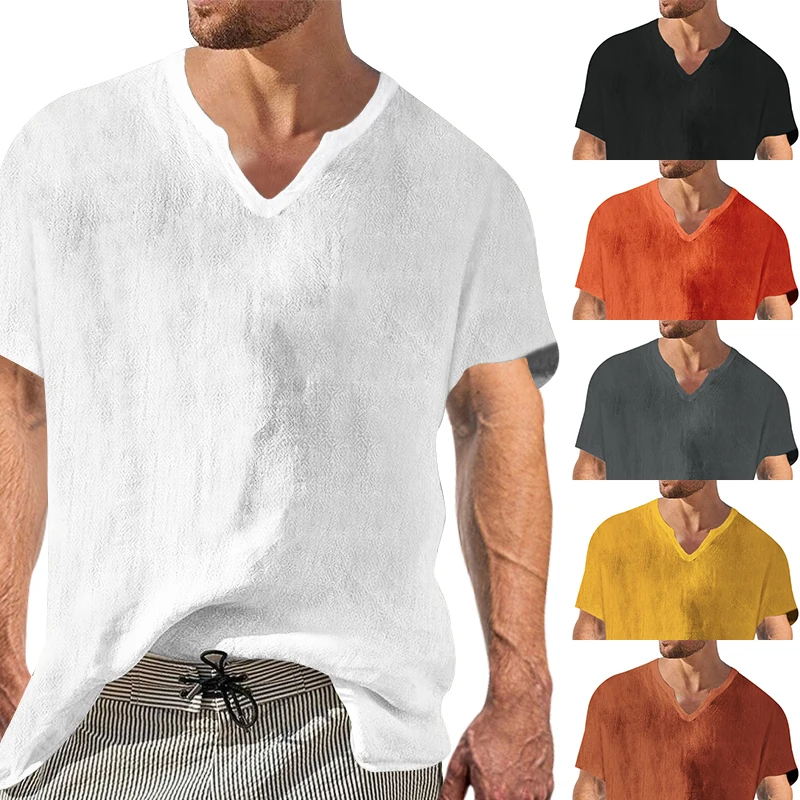 

Mens Summer Tops Casual White V Neck T-Shirt Men Blouse Cotton Linen Baggy Man T Shirts Clothing Chemise Hombre Homme Camisetas