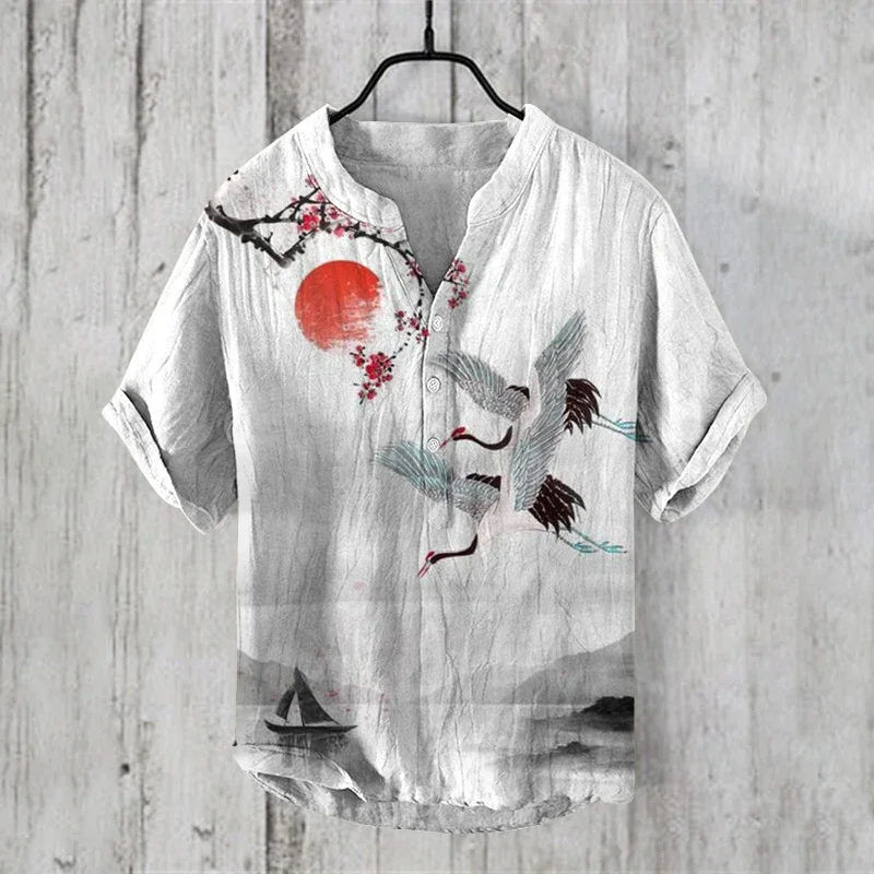 new clothing summer Man Casual v-neck Shirt short Sleeve Band Collar Henley Shirt fashion art illustration print Tops
