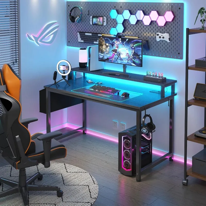 Black Gaming Desk with LED Lights and Power Outlets, 40 Inch Teen Writing Study Table Home Office Desks with Monitor Stand 2