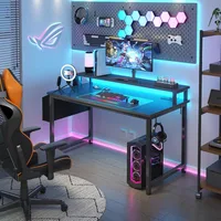 Black Gaming Desk with LED Lights and Power Outlets, 40 Inch Teen Writing Study Table Home Office Desks with Monitor Stand 2