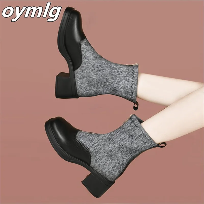 Front zippered mid length boots for women 2023 New Knight Fashion Boots Black Thick Bottom Cheshire Short Boots for women