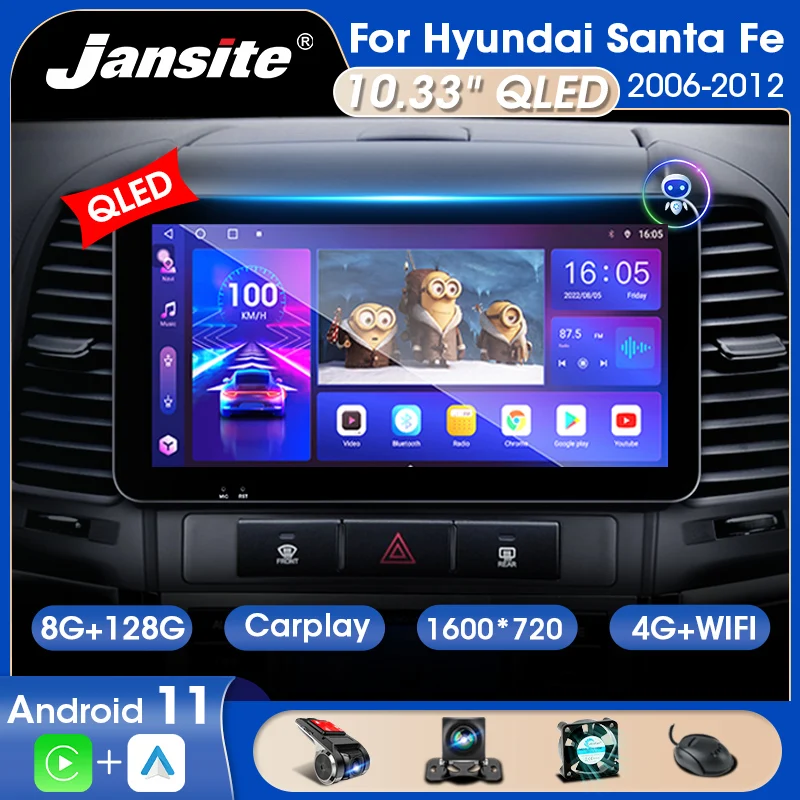 

Jansite 10.33" 2 Din Android 11 Car Radio For Hyundai Santa Fe 2 2006-2012 QLED Screen Multimedia Video Player Carplay Audio RDS