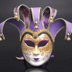 Elegant Venetian Full Face Masquerade Mask with Exquisite Jester Decoration (Purple)