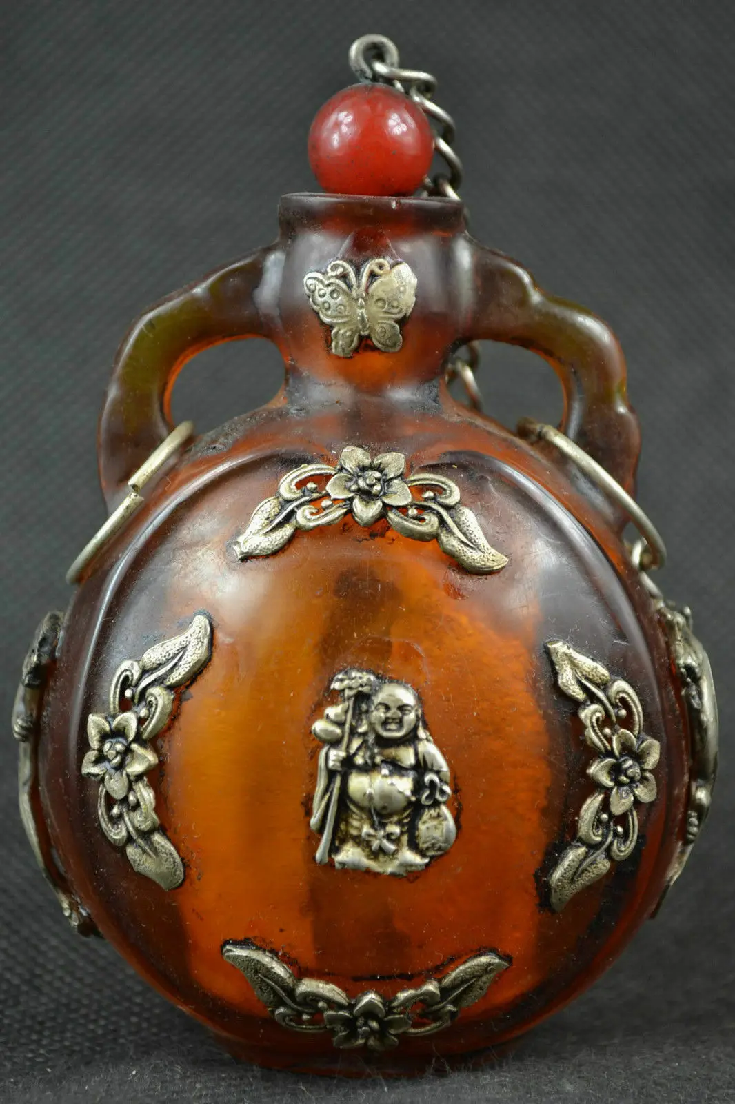 China old Tibet silver amber carved butterfly Buddha statues snuff bottle 2