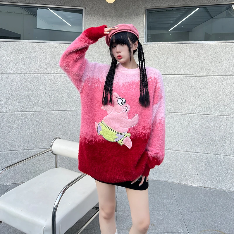 UPRAKF Cartoon Gradient Sweater Loose Pullover Fashion Streetwear Long Sleeve Winter High Street Autumn Round Neck