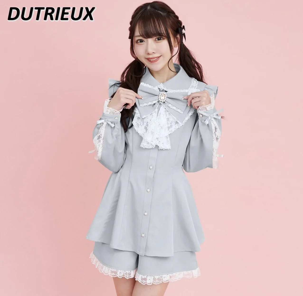 Sweet Girl Outfits Japanese Lolita New Mine Long-sleeved Slimming Shirt Single-breasted Lace Bow Top and Shorts Two Piece Set