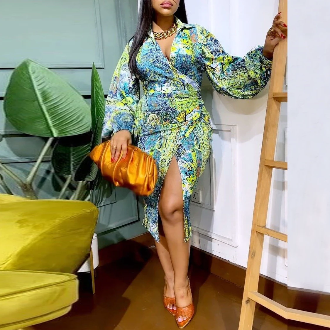 

Summer Sexy Colored Print Bodycon Split Mid Maxi Dress Bubble Long Sleeve Women Party Sexy Retro Dress