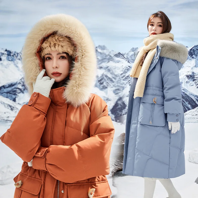

Korean Fashion Women Down Coats with Fur Hoods Winter Thickened Loose Large Pockets Down Jacket Long Puffer Outerwear Clothes