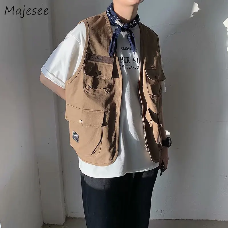 

Vests Men Summer American Retro Japanese Pockets Sleeveless Students All-match Handsome Clothing Harajuku Streetwear Ulzzang