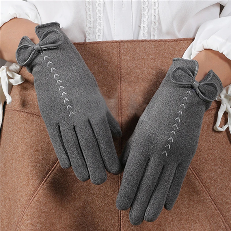 

Female Cute Bow Embroidery GlovesThin Plus Velvet Touch Screen Driving Mittens Winter Women Outdoor Cashmere Warm Cycling Gloves