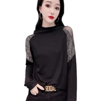 Spring Faion Women's Long Sve Me Splice Diamond Base irt f High Collar T-irt Korean Sle Commute Wind Top