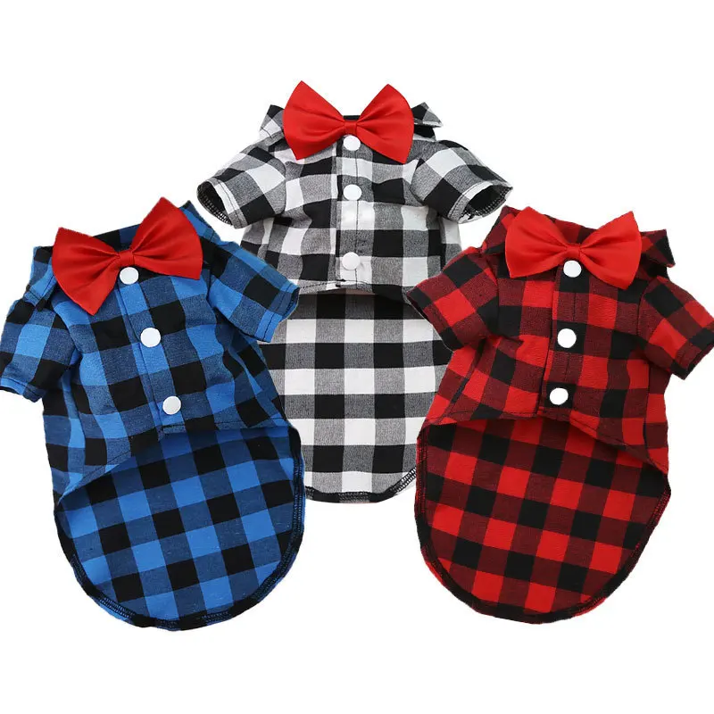 Pet Dog Shirt Bowtie T-Shirts Classical Plaid Thin Breathable Summer Dog Clothes for Small Large Dogs Puppy