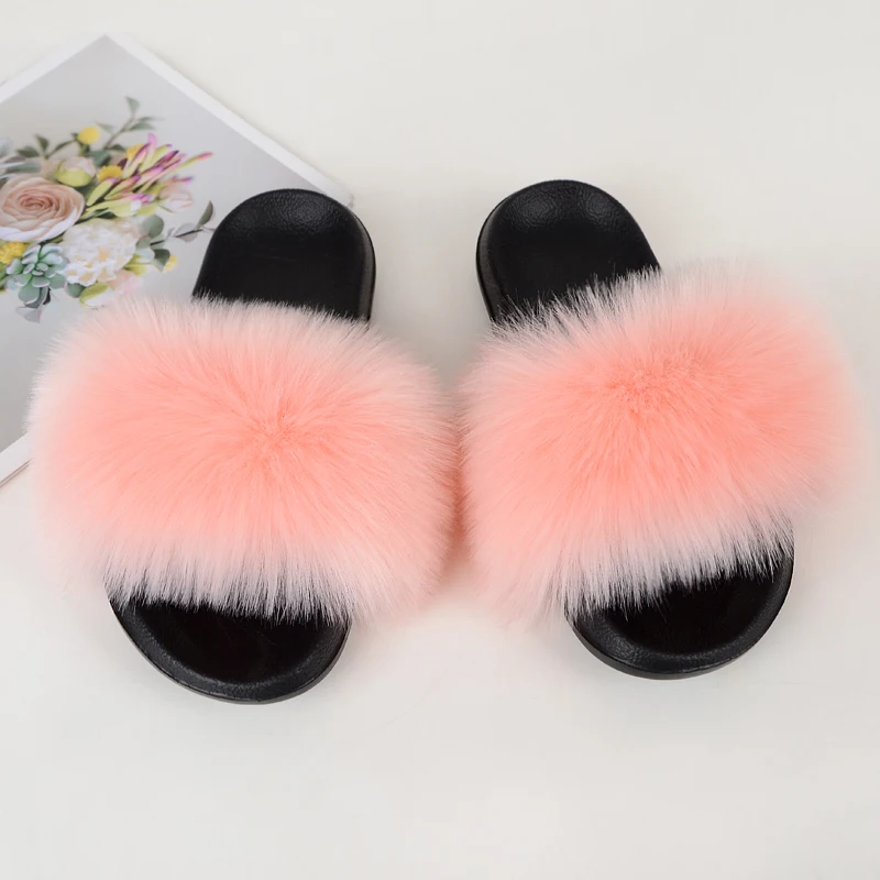 Summer Faux Fur Slides Women Furry Flat Ladies Casual Fox Fur Slippers Fashion Soft EVA Soles Fuzzy Beach Sandals Flip Flops