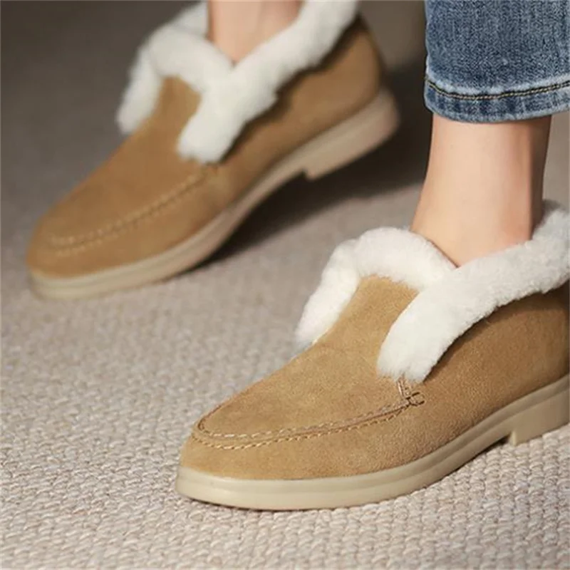

Sewing Lines Shoes for Ladies Round Toe Women Fur Female Short Boots Shallow Zapatos Velvet Chassure Femme Solid Low Heels Botas