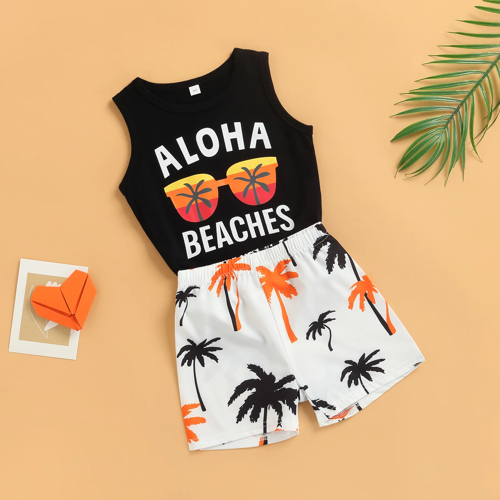Citgeett Summer Kids Boy Shorts Clothes Set Letter Sleeveless Vest Tops + Tree Printed High Waist Shorts Beachwear Suit