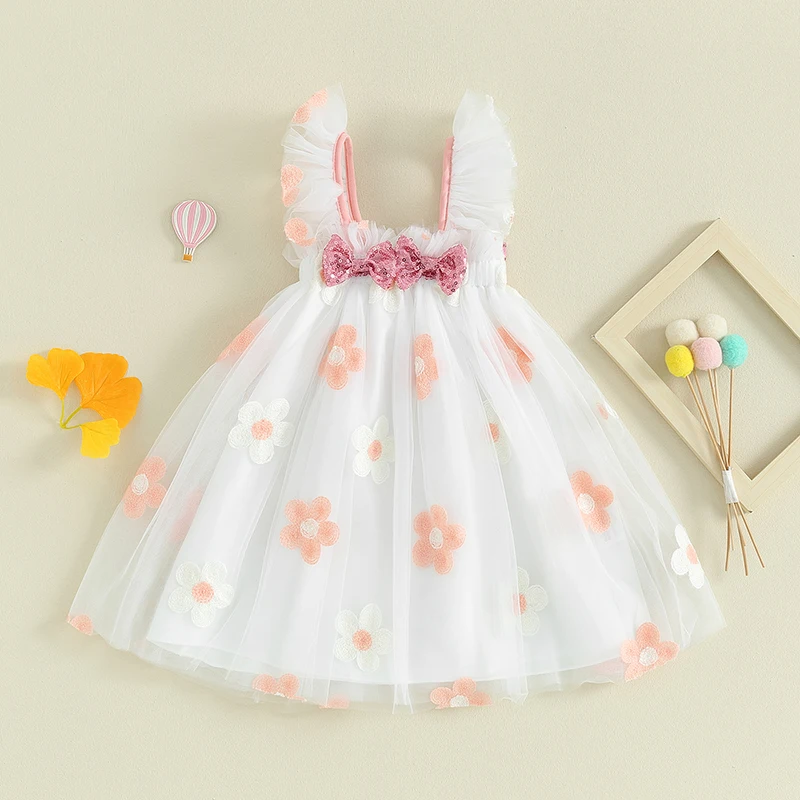 

Infant Girl Tulle Dress Baby Tutu A Line Dress Floral Embroidered Mesh Dress Ruffled Layered Tulle Dress Sequin Bow