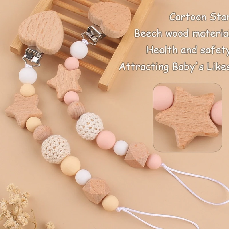 

Baby Pacifier Chain Beech Wood Clip Teething Chain Nipple Holder Leash Chewable Pendant Newborn Essential