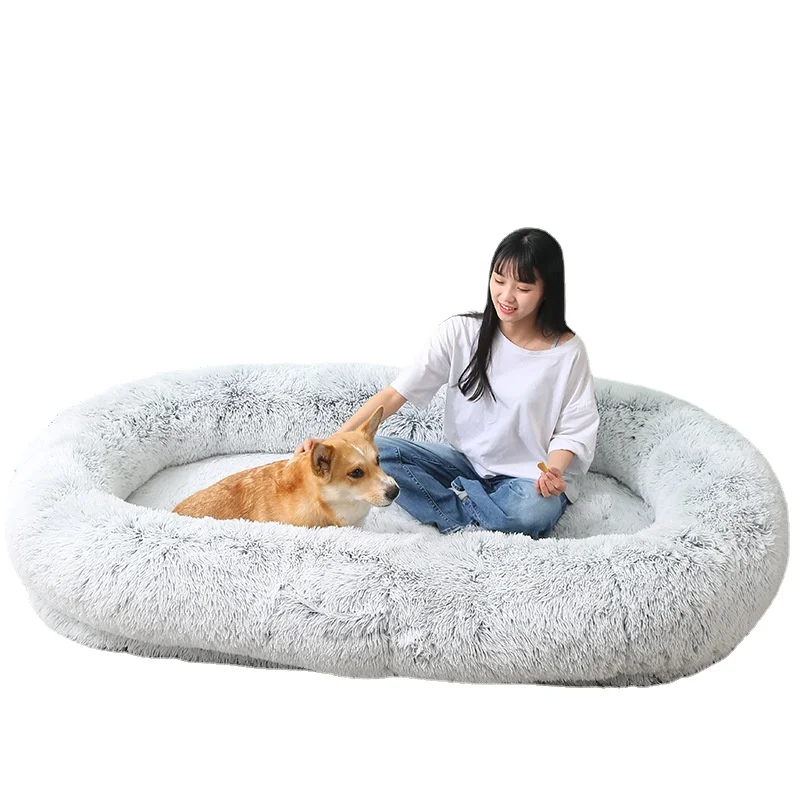 Large Human Dog Sofa Bed Oval Dog Bed Removable Cover Long Plush Pet Kennel Bed Mats Pet Cat Bed Winter Warm Sleeping Floor Mat