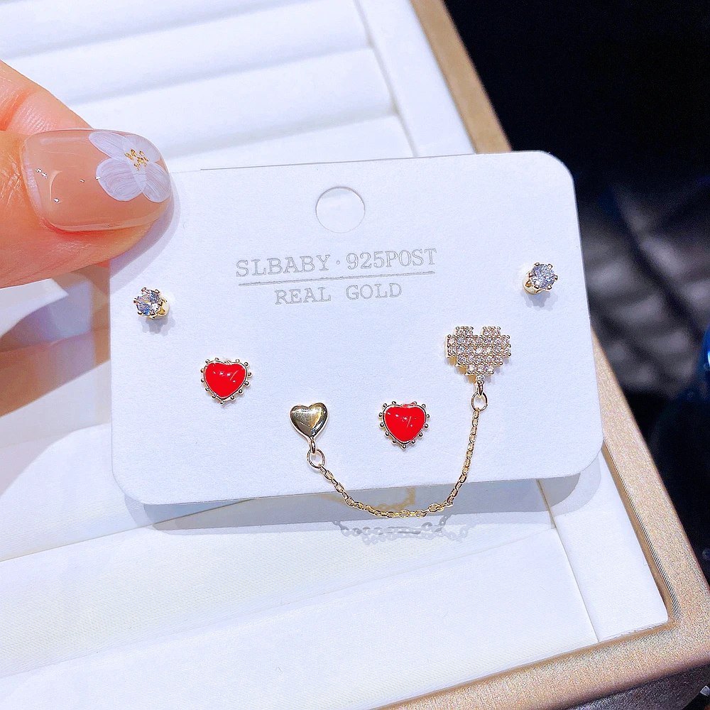 Trendy 3 Pairs Red Heart Earrings Set Gold Color Plated Cubic Zirconia