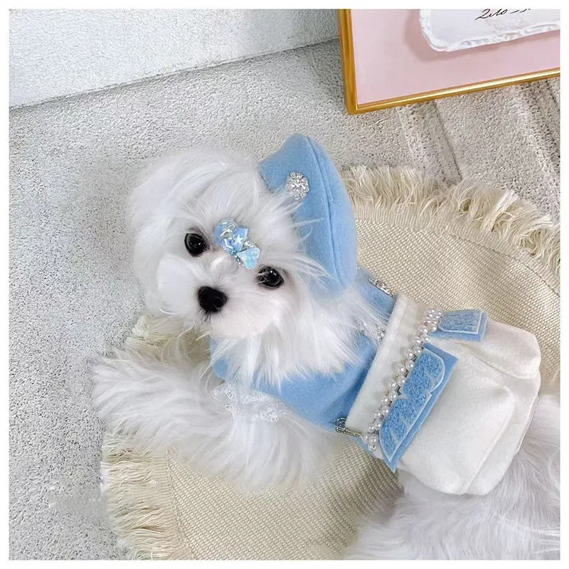 Luxurious Brand Style Classic Blue Pearl Tweed Winter Warm Pet Dress And  Coat Small Dogs Couple Outfit - AliExpress 15