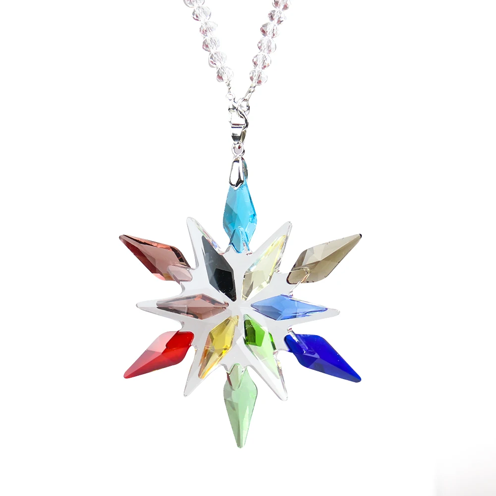 Rainbow Christma Snowflake Arrowhead Flower Crystal Pendant Aurora Dangle Faceted Prism Glass Fairy Garden Balcony Hanging Decor