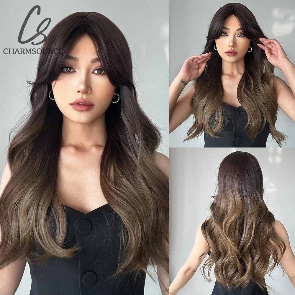 

CharmSource Ombre Brown Long Natural Body Wave Synthetic Wig Middle Part Hair Wigs for Women Heat Resistant