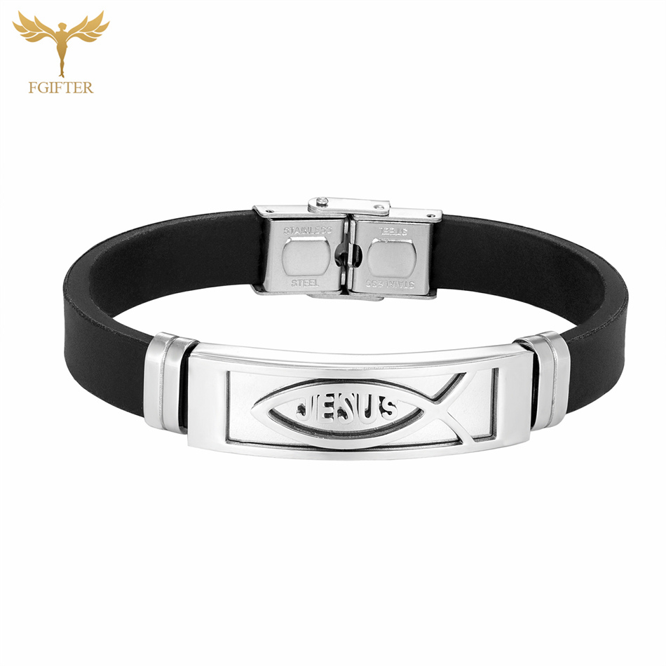 Christian Jesus Fish Cross Bracelet Ichthys Ichtus Symbol Stainless Steel Accessories Silicone Wristband Washable Summer Jewelry