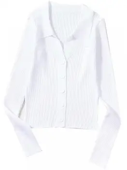 AOSSVIAO 2025 السيدات أزرار مثير الخامس الرقبة طويلة الأكمام بولو الرقبة سترة متماسكة سترة المرأة التلبيب سليم القمم 5