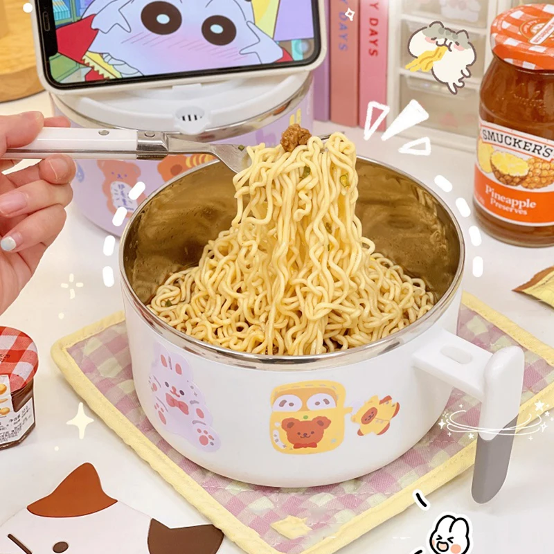 Kawaii Ramen Bowl With Chopsticks Lid Spoon Cute Stainless Steel Instant  Noodles Fruit Salad Soup Cartoon Big Bowl 1000/1200m