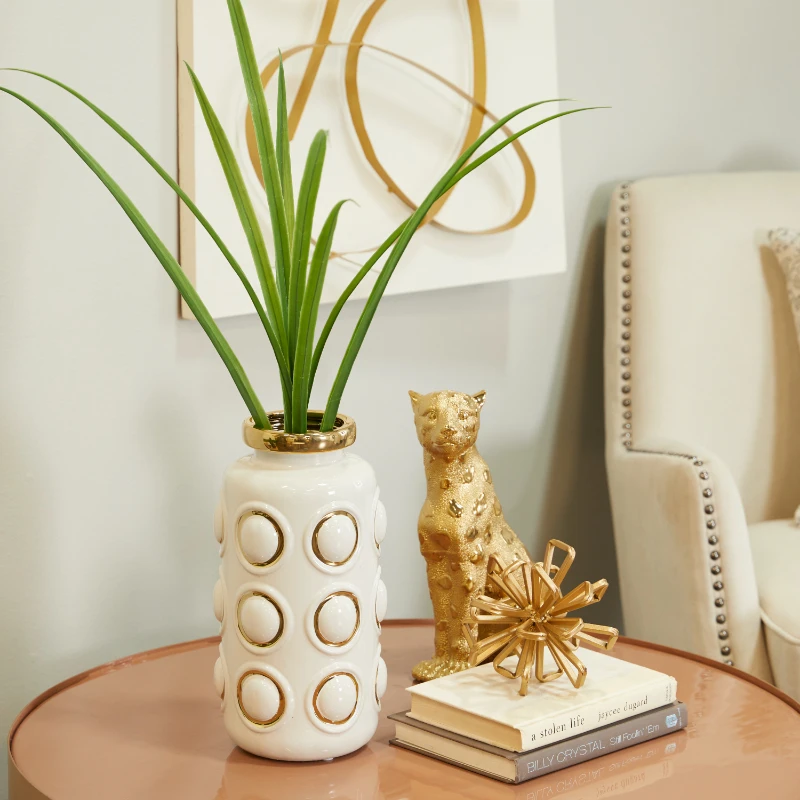 

12" White Ceramic Vase with Gold Circle Accents
