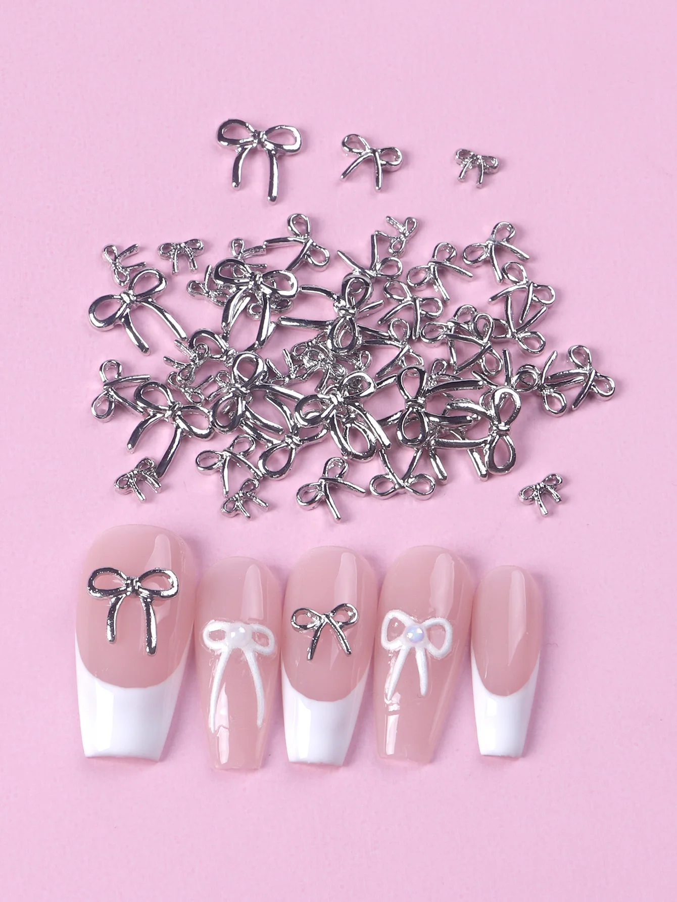 50PCS Mix Size 3D Grey Bowknot Shaped Nail Charms Metal bow Nail Art Manicure Jewelry For DIY Nail Accessories