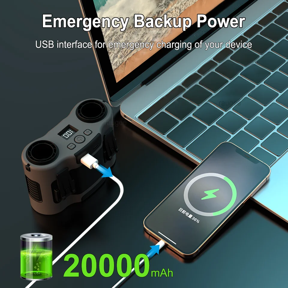 Draagbare mini-ventilator met clip, oplaadbaar via USB, voor buitengebruik, met dubbele luchtuitlaat, 20000 mAh._voghion.com