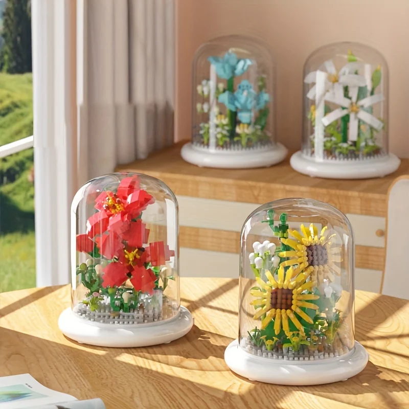 Building block pot Immortal flower Plant Small brick tulip ornament Toy Valentine Birthday Gift Glow Easter gift