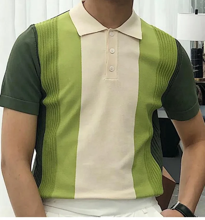 2024 Summer Contrast Color Knitted Polo Shirts Men Green Stripe Turn-down Collar Tops for Men Slim Fit Casual Business Polos 10 hmqViviiyNSAyin8WuaVt2K2QKycBH9WIqGm