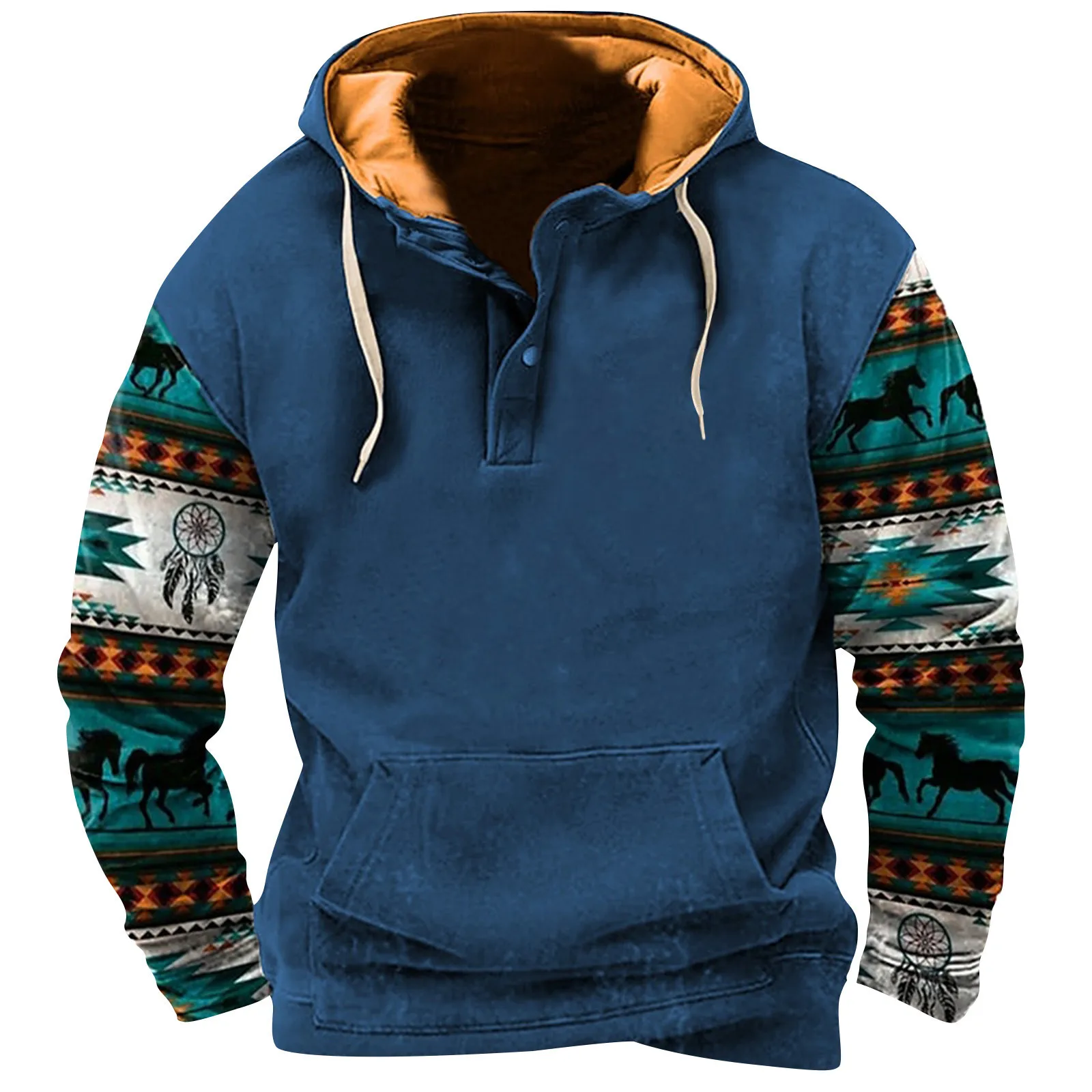 

Early Spring New Vintage Hoodie Men Ethnic Print Long Sleeve Loose Sweatshirt Casual Street Male Clothing Classic Style Pullover