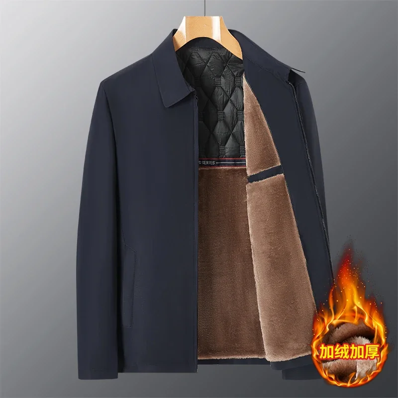 Spring Casual Business Men Jacket Fleece Coats Slim Turn Down Collar Zipper Simple Middle-Aged Elderly Clothes Office Outerwear 3