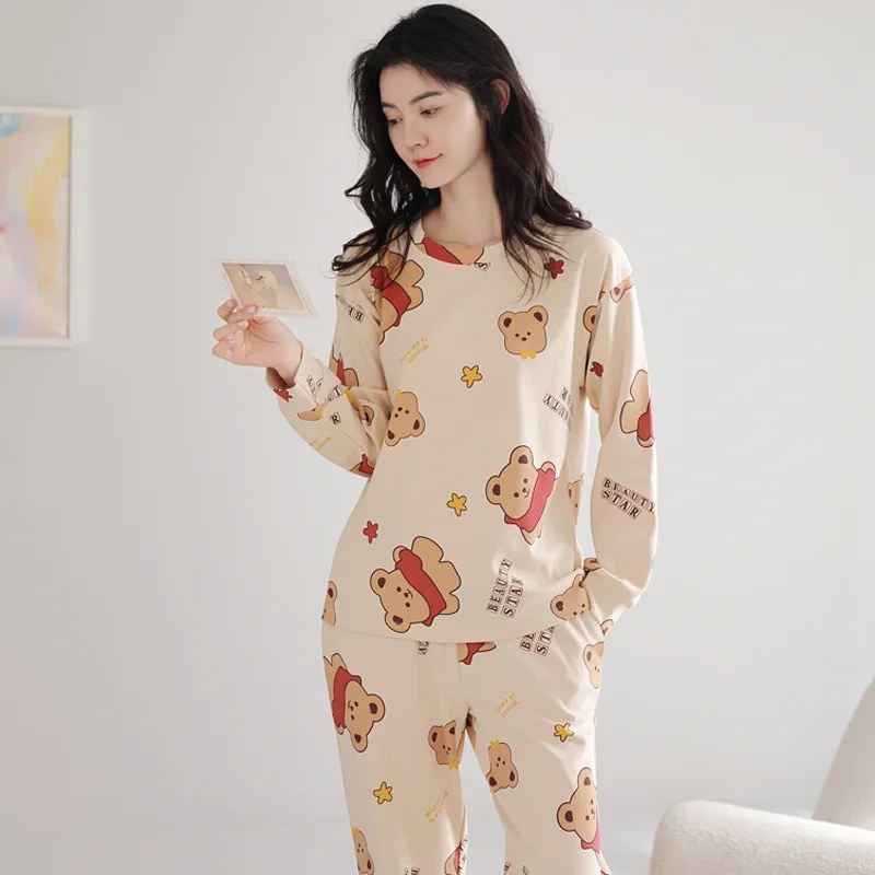 2PCS/Set Spring Autumn New Comfortable Simple Cute Fashion Elastic Cartoon Korean Long Sleeve Large Size Home Women's Pajamas 3