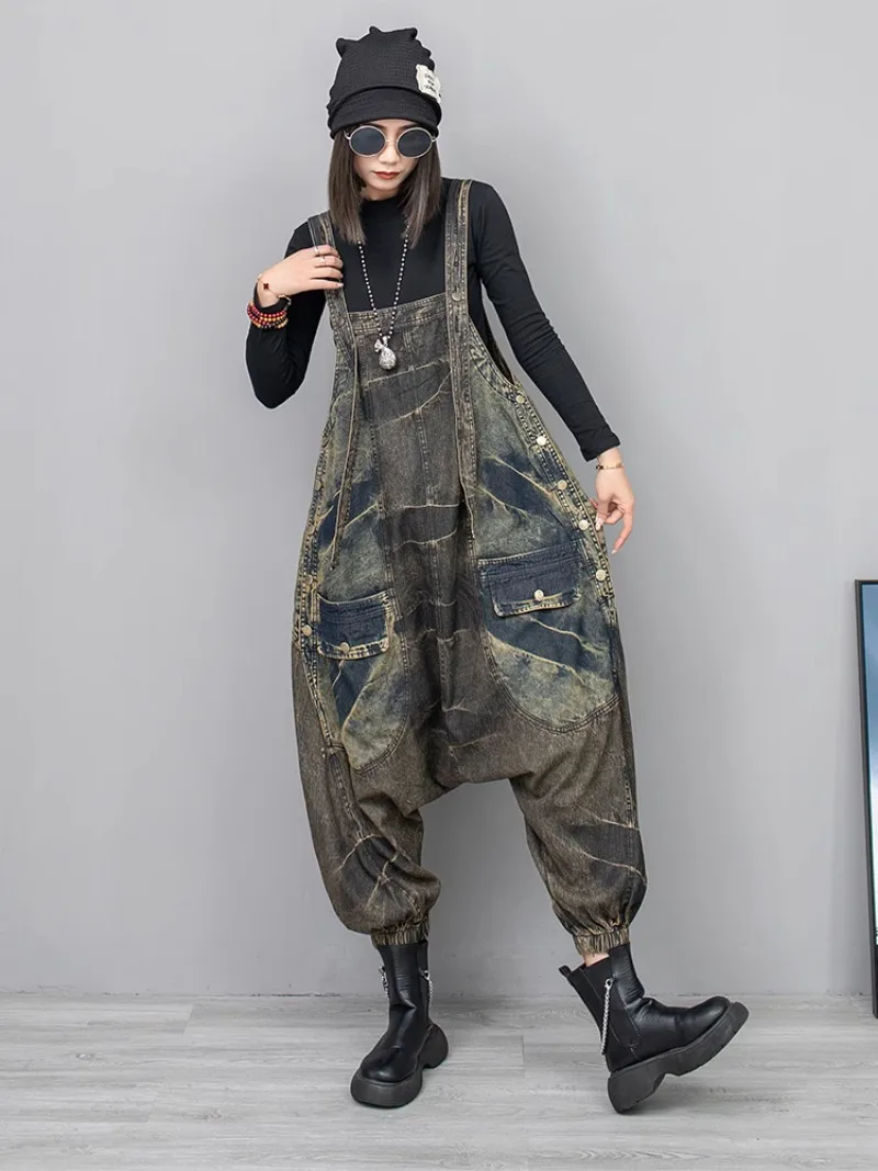 Cool Do The Old Denim Strap Pants Women's 2024 Spring Youthful-Looking Loose High Waist Slimming Big Crotch One-Piece Jumpsuit