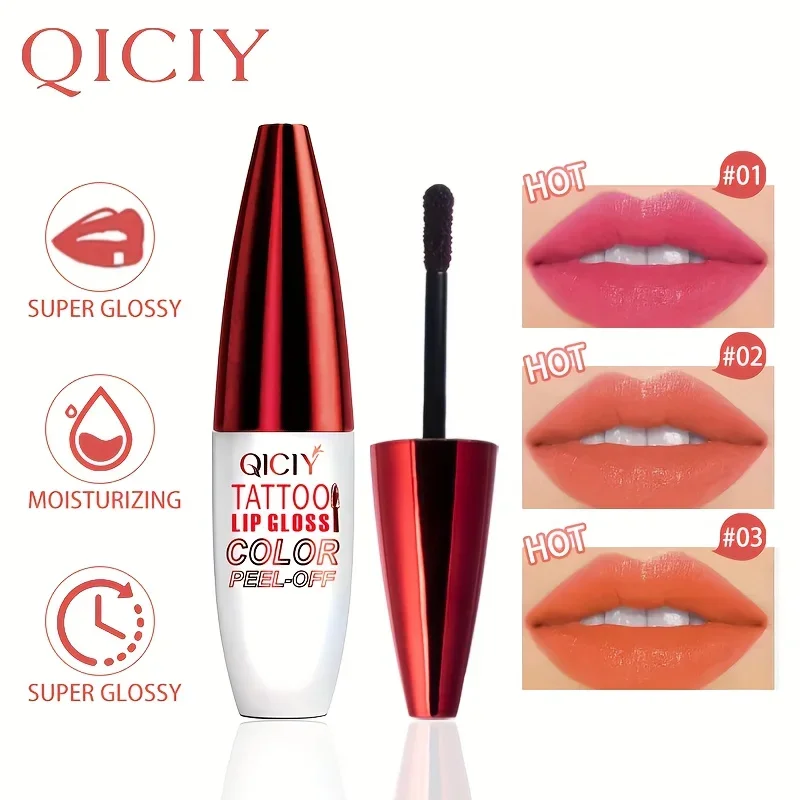 QICY Tattoo Lip Gloss Peel-Off Long-Lasting Moisturizing Liquid Lipstick with Waterproof Non-stick Cup Glossy Finish Nourishing 6