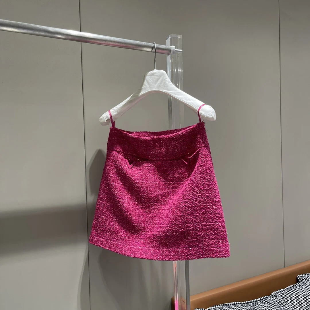 2024 Spring/Summer New Women's Wear Rose Red Tweed Sequins Turn-down Collar Coat and Skirt 0409