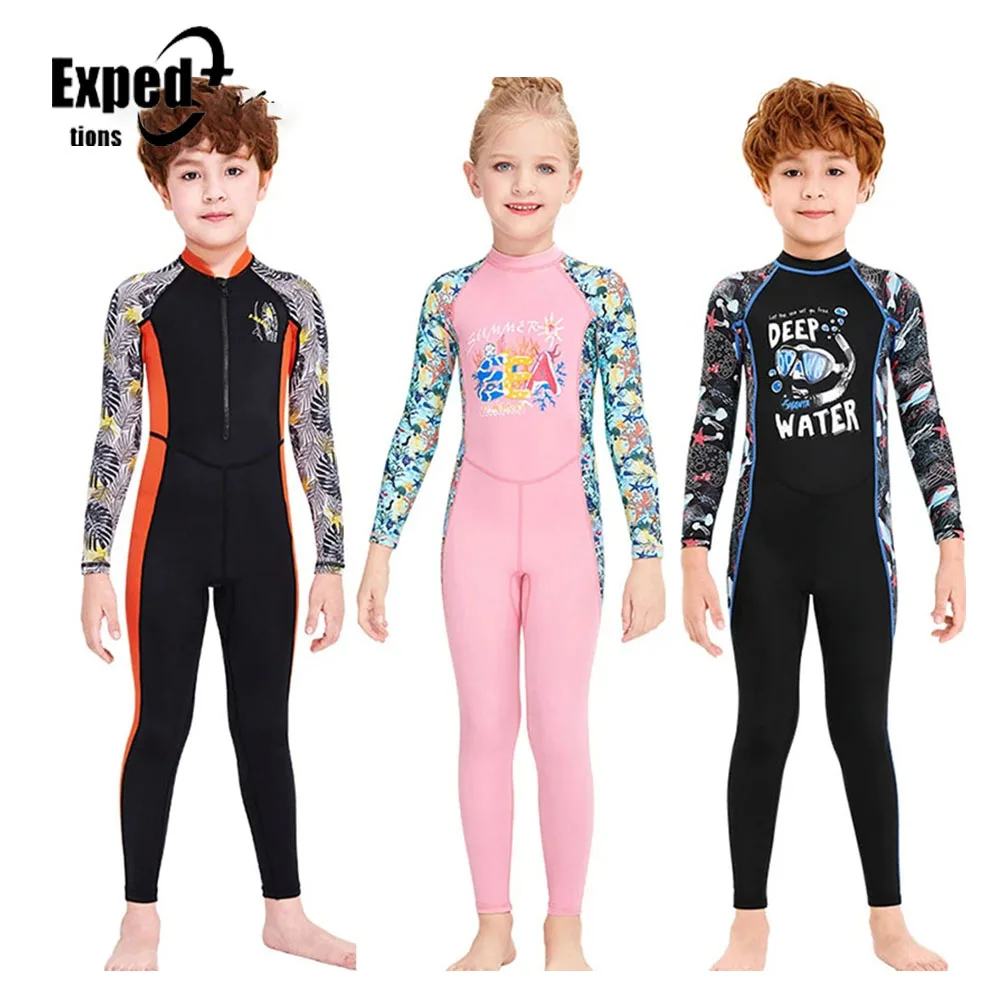 Children Swimsuit Full Cover One Piece Jumpsuit Surfing Bathing Diving Suit Long Sleeves Sunscreen Swimwear for Girls Boys