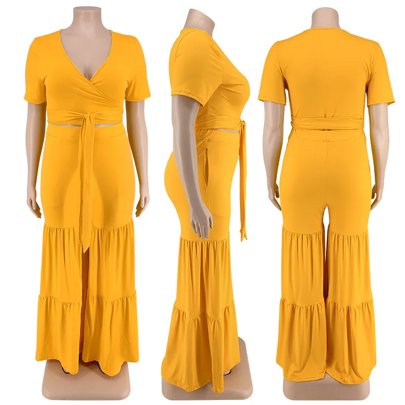 Wmstar Plus Size Pants Sets Two Piece Outfits Summer Holiday Solid Bandage Top Wide Leg New Matching Suit Wholesale Dropshipping
