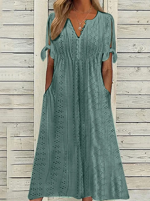 Vestido de Verão Feminino Elegante com Rendas Ocas e Babados 5 vestido de verão feminino elegante com rendas ocas e babados