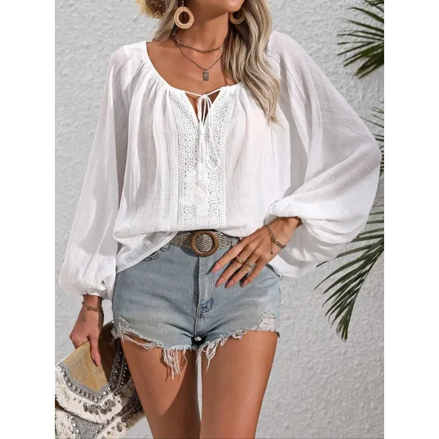 Plus Size 1XL-5XL New Long Sleeve Solid Color Shirts Women's Vintage Vacation Style Lace Women Clothing
