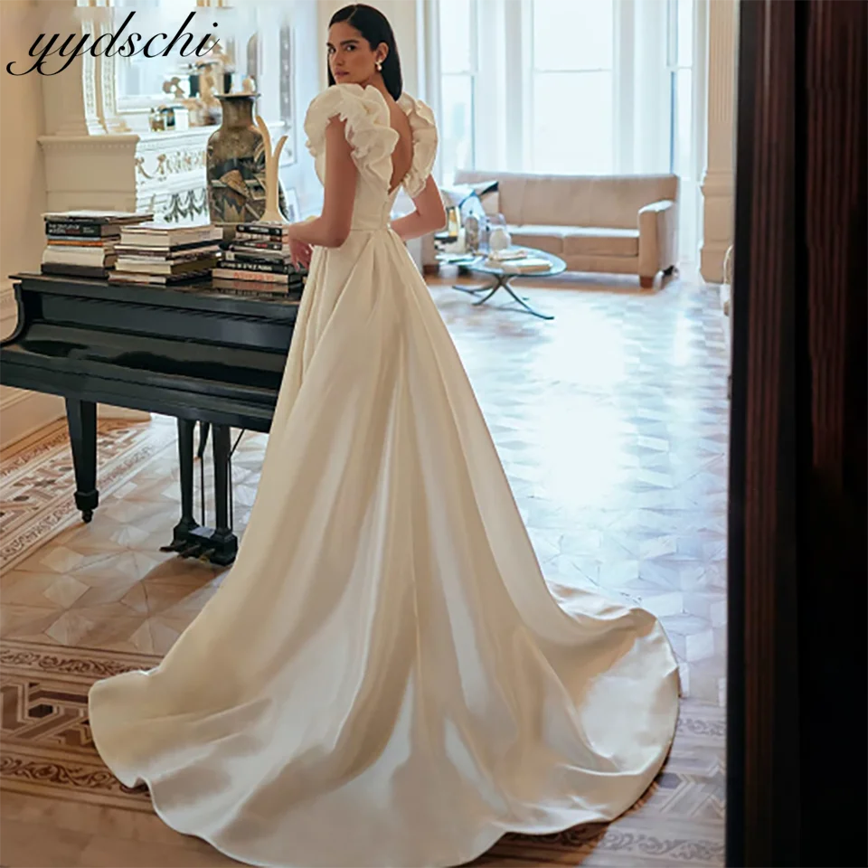

Vintage V Neck Puff Sleeves A Line Satin Evening Wedding Dresses 2024 Ruffles Backless With Court Train Bridal Gowns For Women