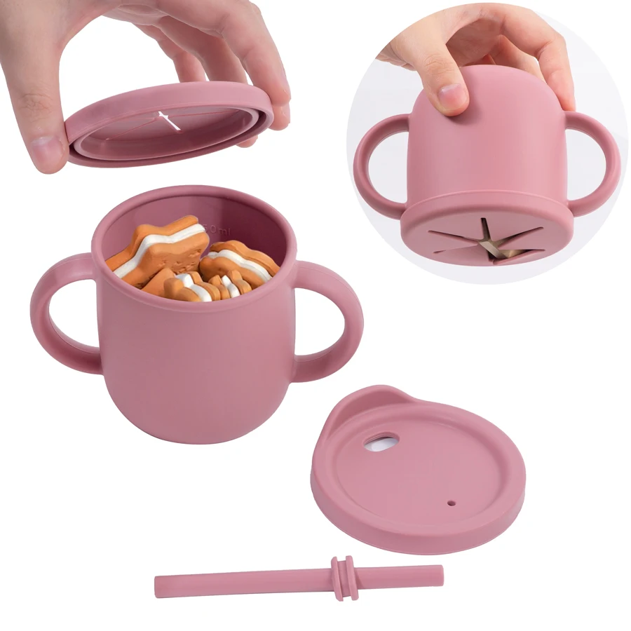 1PC 학습 마시는 컵 더블 핸들 휴대용 Leakproof 물 컵 병 베이비 푸드 상자 스낵 컵