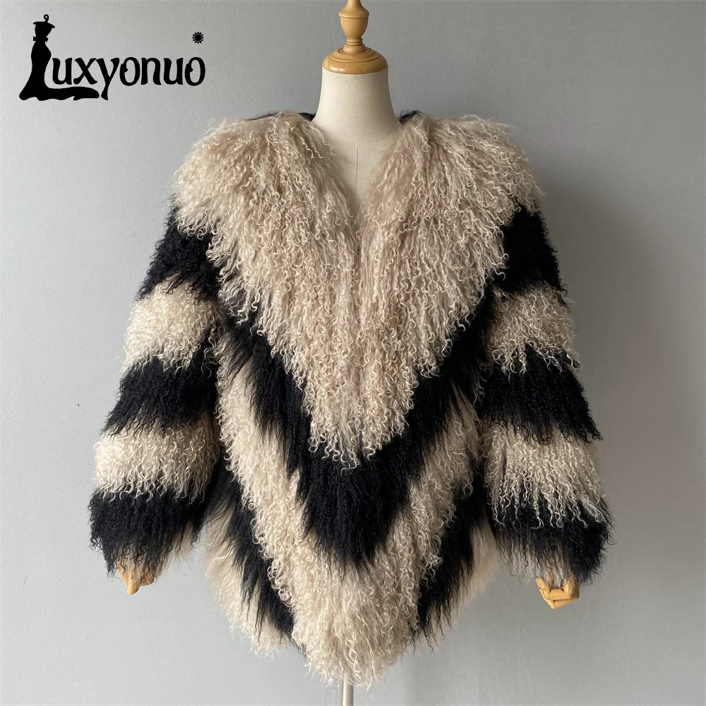 

Luxyonuo Real Mongolian Sheep Fur Coat Women Diagonal Stripe Medium Lenght Natural Fur Ladies Winter Fashion Fur Jacket Female