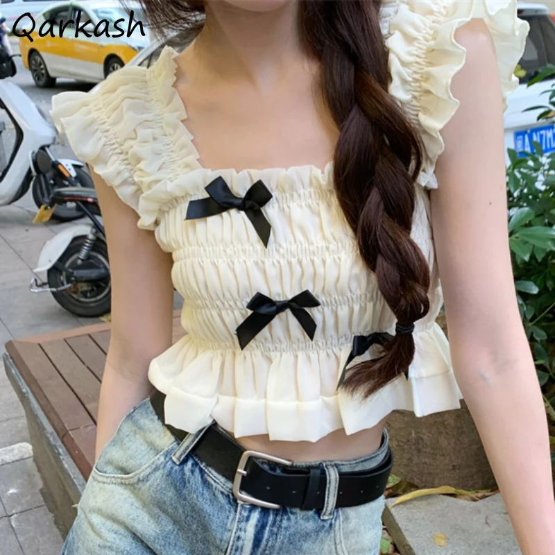 

Ruffles Kawaii Blouses Women Clothing Crop Tops Sexy Slim Aesthetic Summer Temper Vacation Girl Tender Casual Basics Vintage New