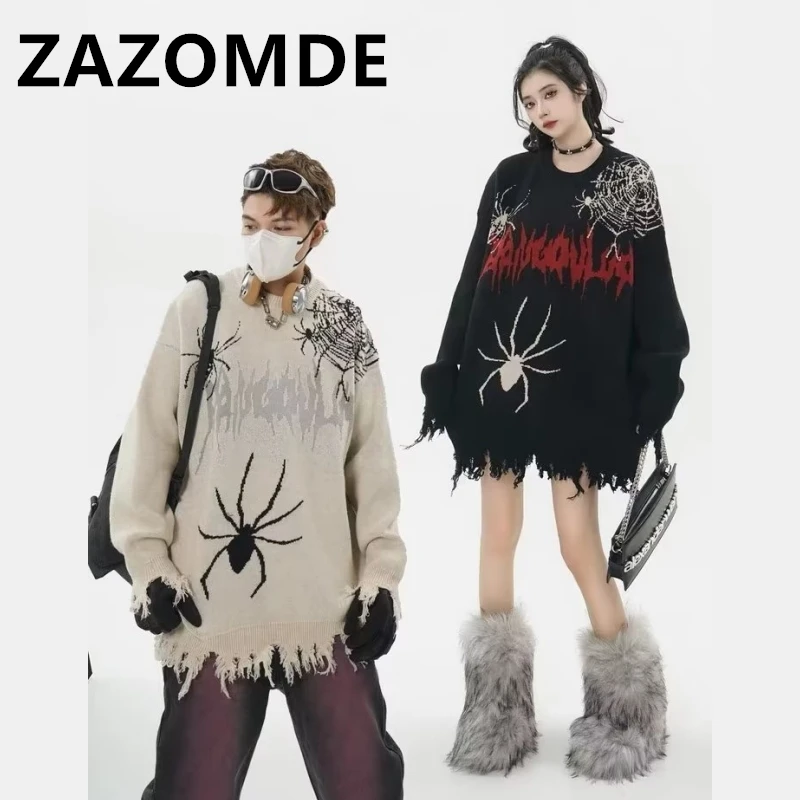 

ZAZOMDE Couple Hip Hop Oversized Knitted Sweaters Mens Streetwear Harajuku Spider Patchwork Jumper Fashion Casual Loose Pullover